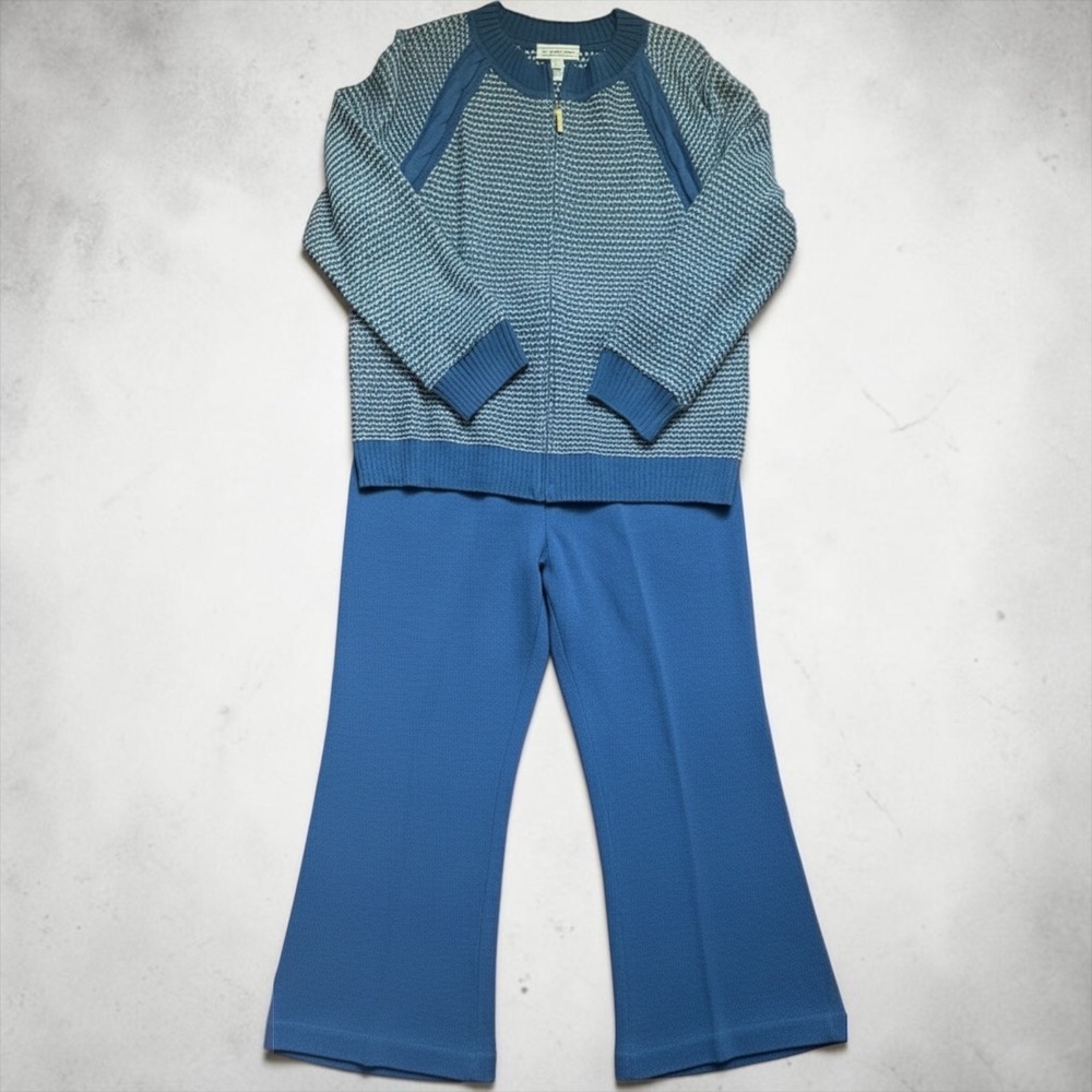 St John Sport Blue Indigo Knit Pant Set Zip Jacket Wool Blend Size L